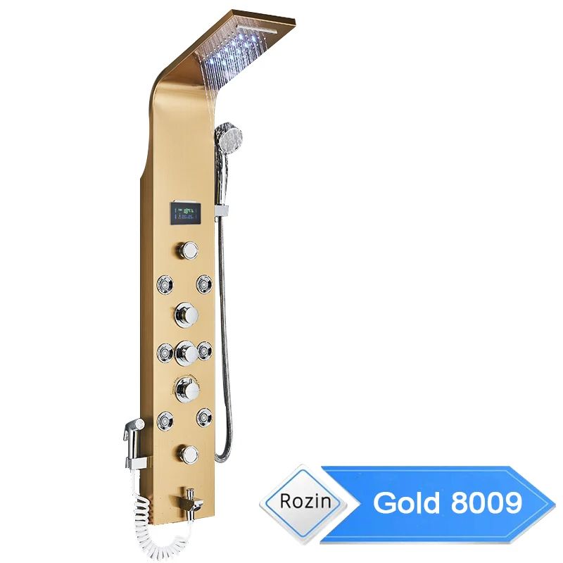 Rainfall Shower Panel with 6 Spray Modes | Water-Powered LED and LCD Display | Battery-Free Ceramic Valve Controls