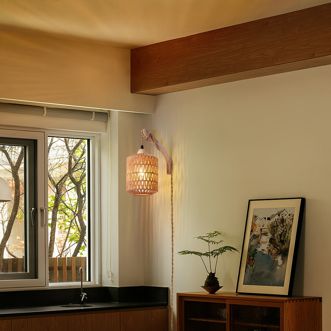 Rattan Wall Lamp Wood &amp; Rattan | Hand-Woven Shade with Plug-In Design | Soft Ambient Lighting for Cosy Interiors