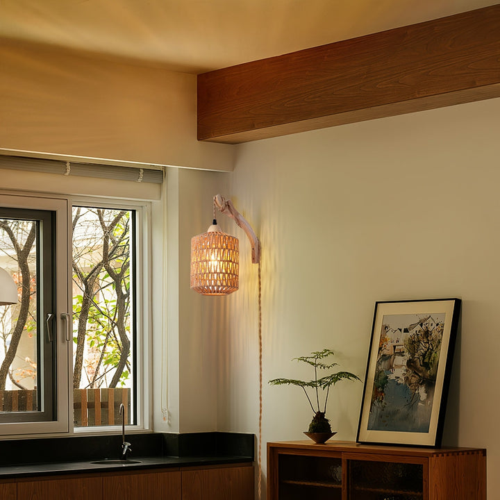 Rattan Wall Lamp Wood &amp; Rattan | Hand-Woven Shade with Plug-In Design | Soft Ambient Lighting for Cosy Interiors