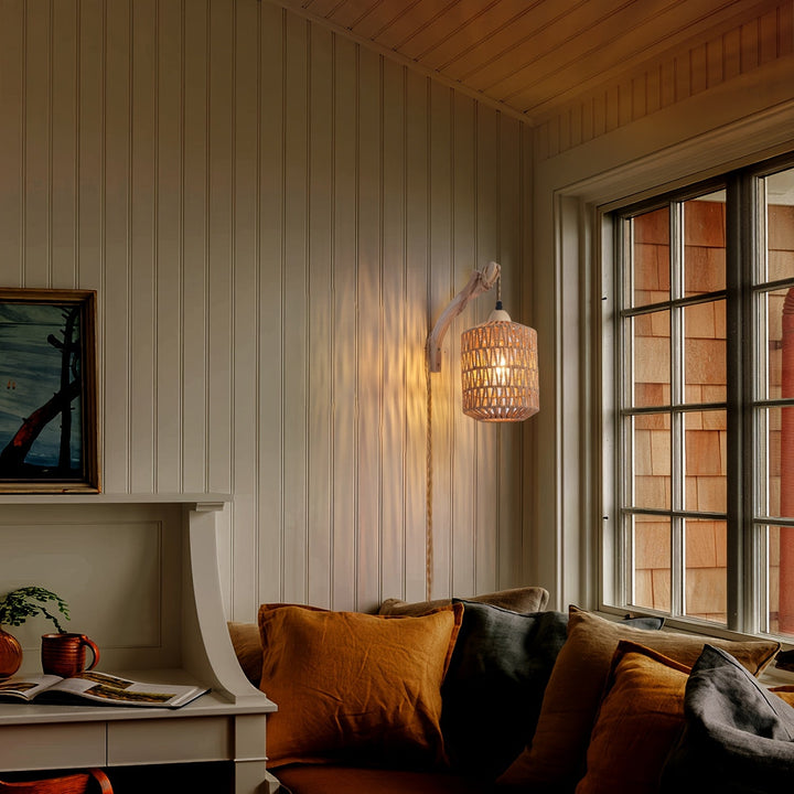 Rattan Wall Lamp Wood &amp; Rattan | Hand-Woven Shade with Plug-In Design | Soft Ambient Lighting for Cosy Interiors