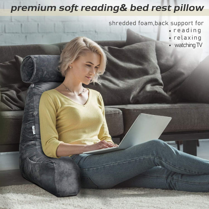 Reading Pillow with Adjustable Headrest | Back &amp; Neck Support | Side Pocket | Machine Washable