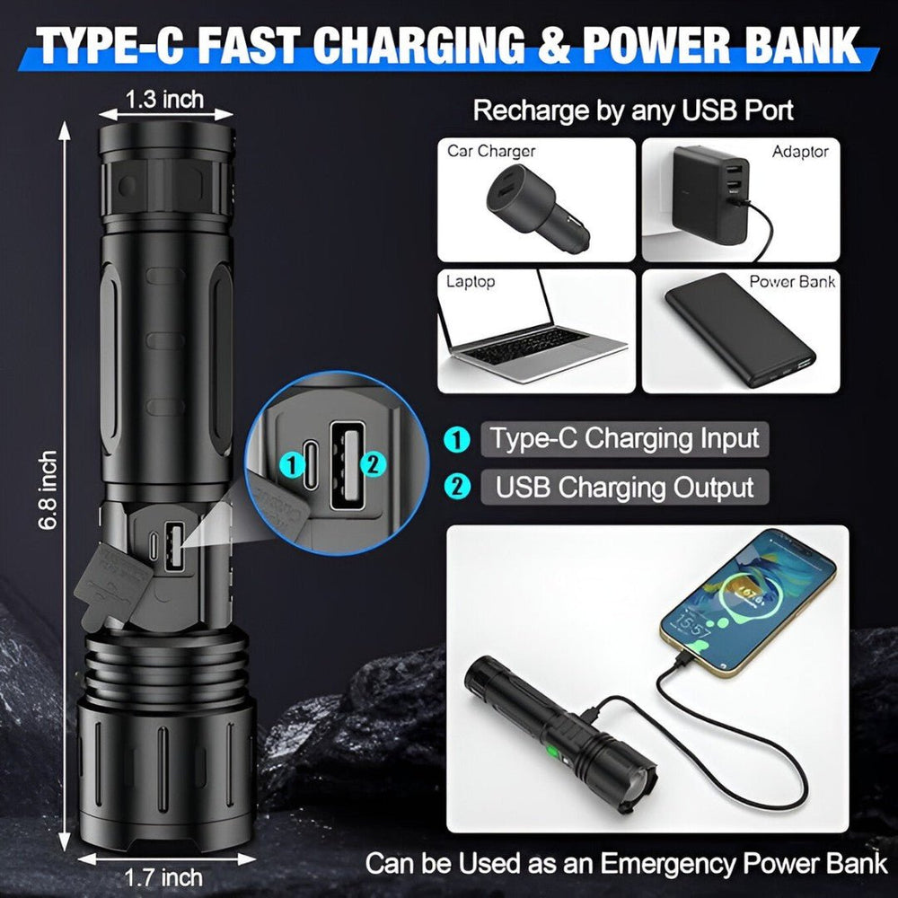 Rechargeable LED Flashlight | Zoom Head, Charge Readout