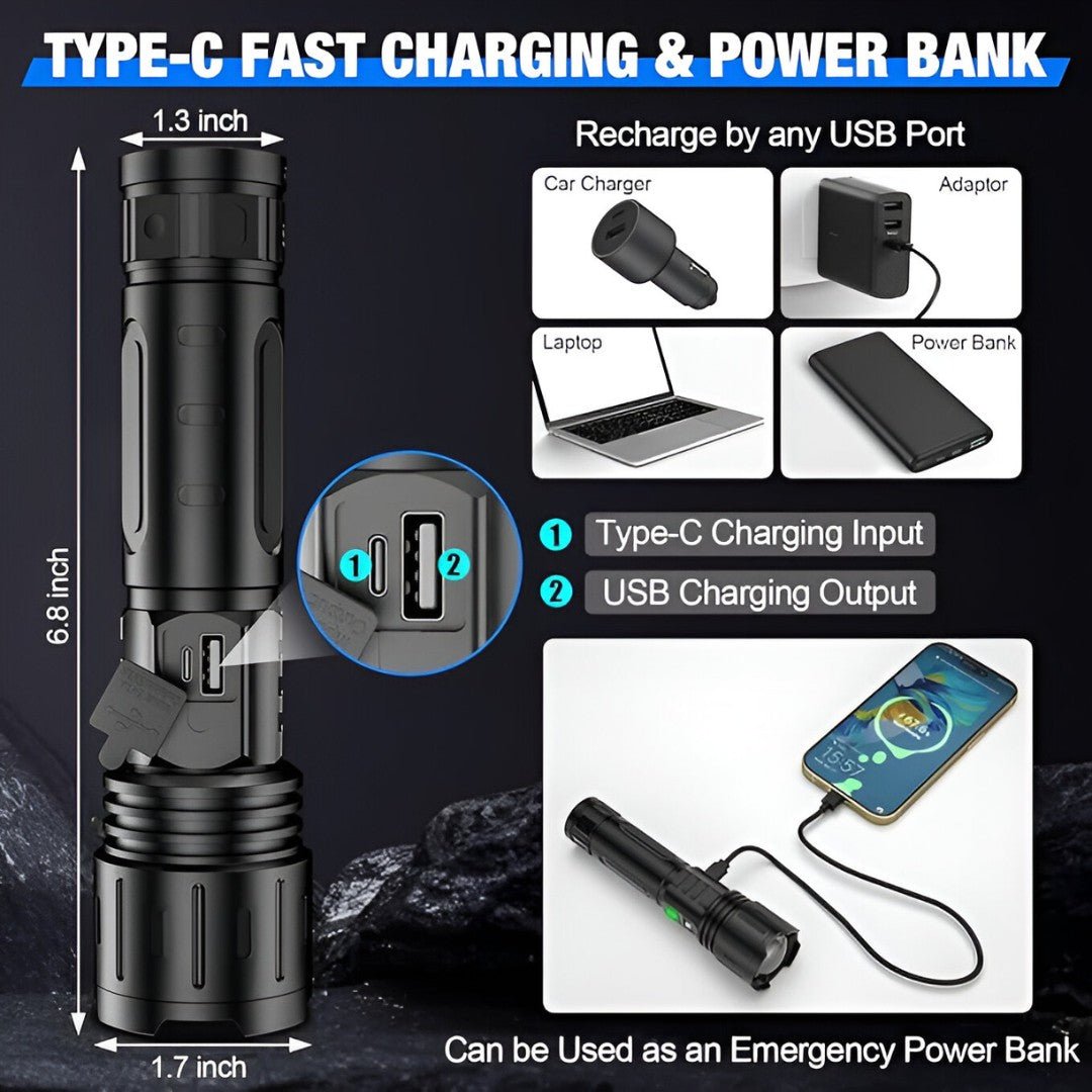 Rechargeable LED Flashlight | Zoom Head, Charge Readout