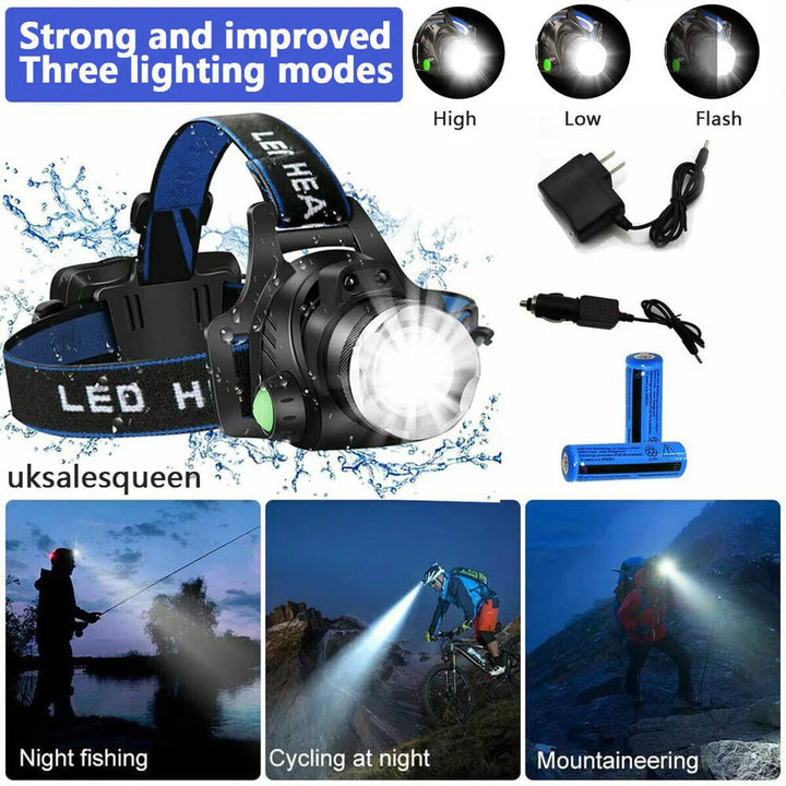 Rechargeable LED Headlamp Adjustable Zoom 3 Light Modes