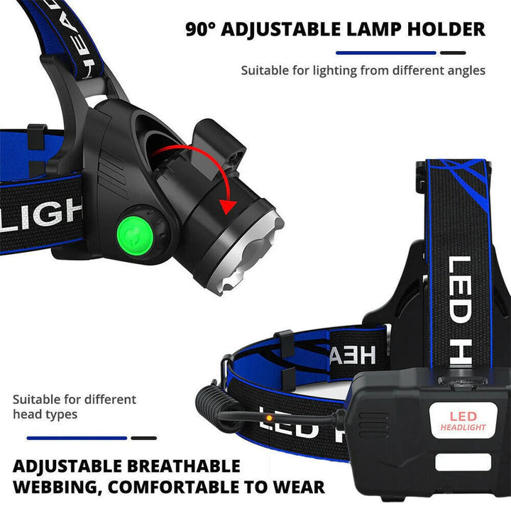 Rechargeable LED Headlamp Adjustable Zoom 3 Light Modes