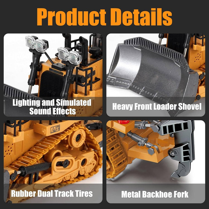 Remote Control Excavator Truck | 3 Motors, Metal Attachments, 11 Channel Control | Rubber Tracks for Outdoor Terrain