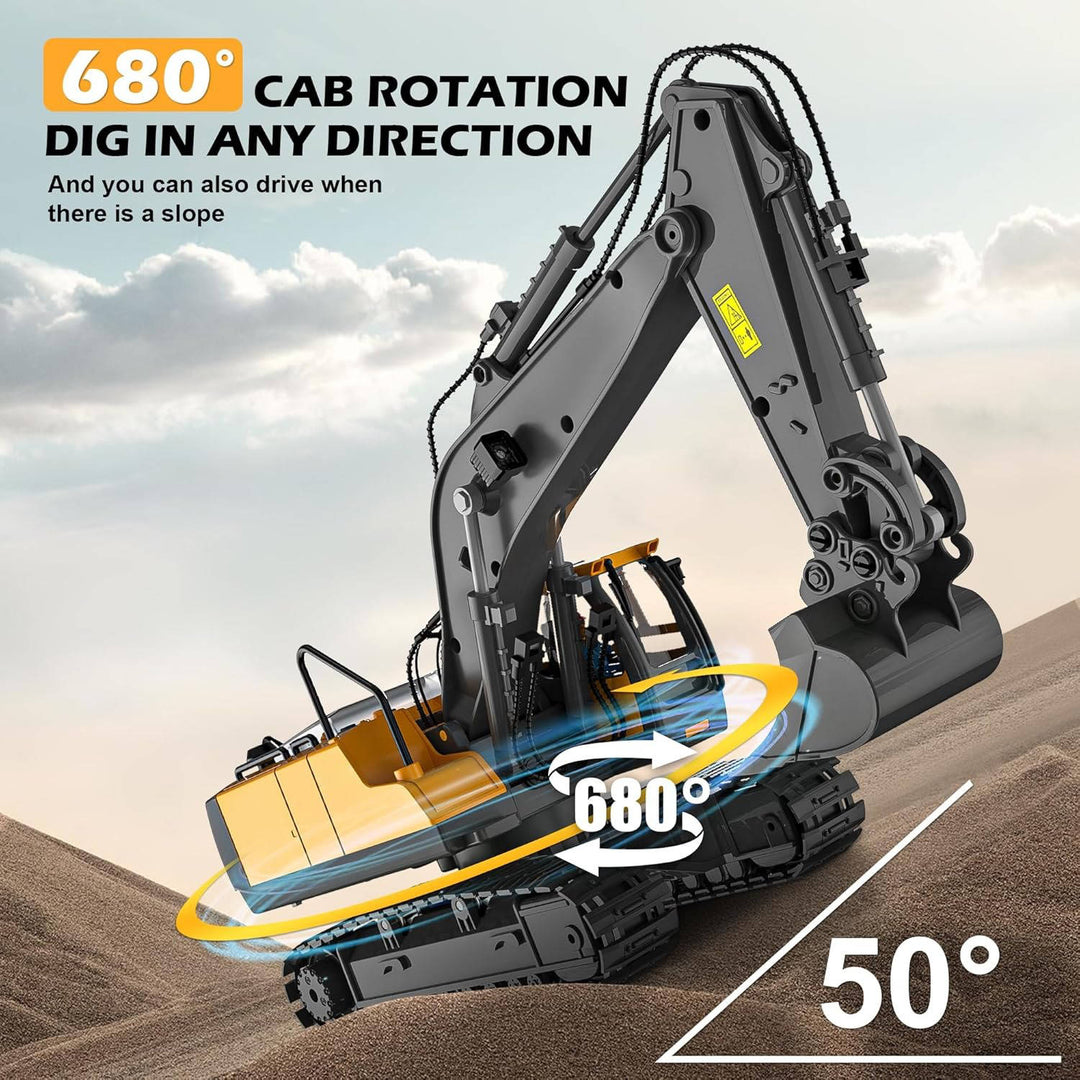 Remote Control Excavator Truck | 3 Motors, Metal Attachments, 11 Channel Control | Rubber Tracks for Outdoor Terrain