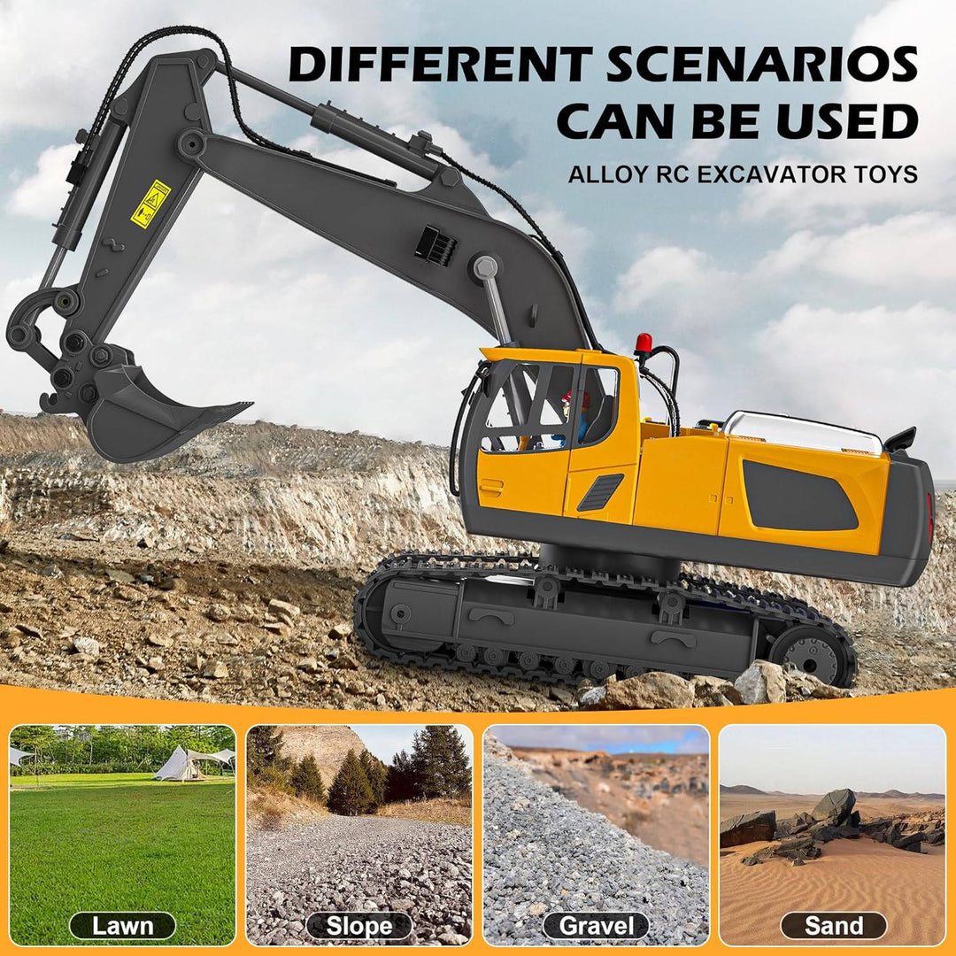 Remote Control Excavator Truck | 3 Motors, Metal Attachments, 11 Channel Control | Rubber Tracks for Outdoor Terrain