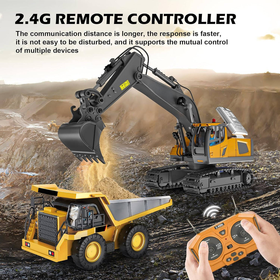 Remote Control Excavator Truck | 3 Motors, Metal Attachments, 11 Channel Control | Rubber Tracks for Outdoor Terrain