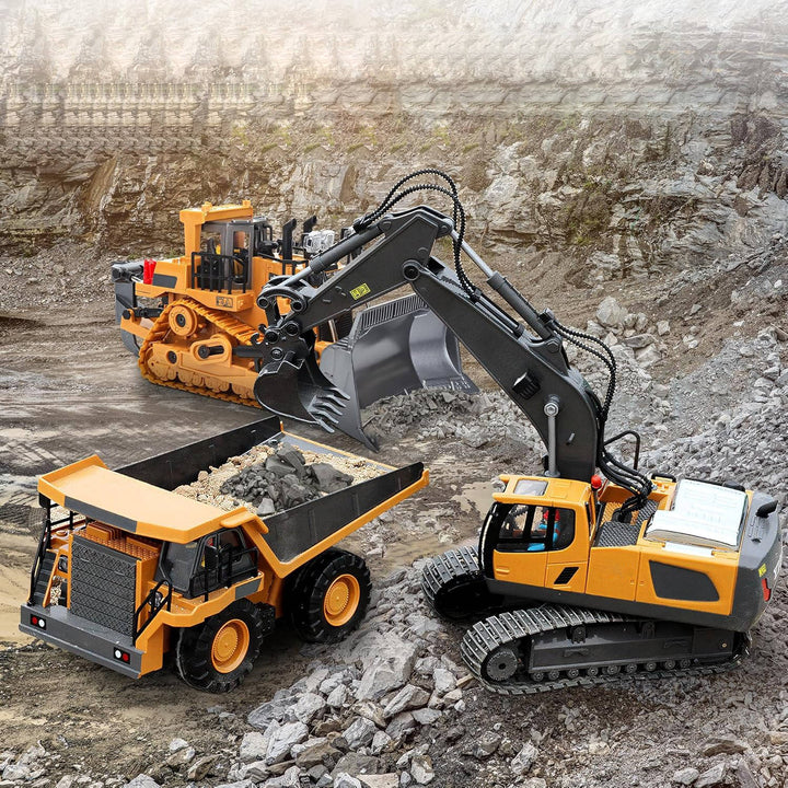 Remote Control Excavator Truck | 3 Motors, Metal Attachments, 11 Channel Control | Rubber Tracks for Outdoor Terrain