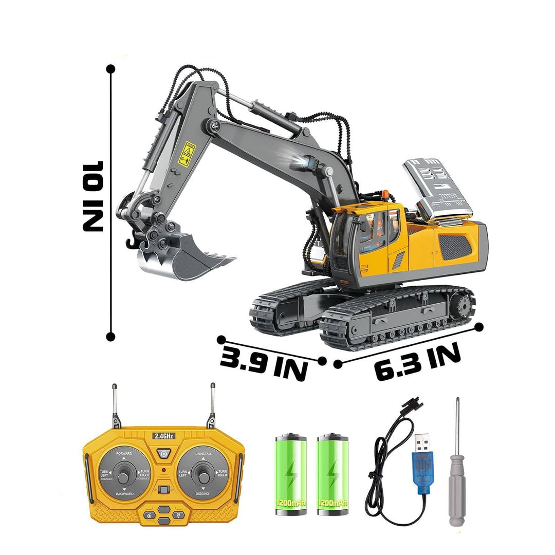 Remote Control Excavator Truck | 3 Motors, Metal Attachments, 11 Channel Control | Rubber Tracks for Outdoor Terrain