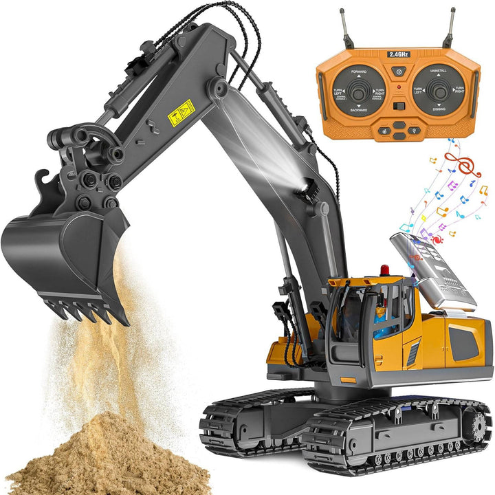 Remote Control Excavator Truck | 3 Motors, Metal Attachments, 11 Channel Control | Rubber Tracks for Outdoor Terrain