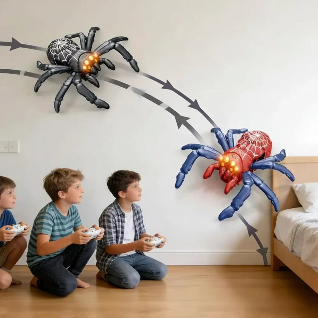 Remote Control Spider Halloween Toy | Wall-Climbing, Glowing LED Eyes | 6 Colours, Dual Joystick Remote, Indoor Use