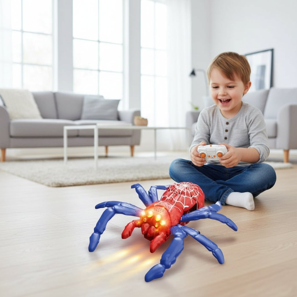 Remote Control Spider Halloween Toy | Wall-Climbing, Glowing LED Eyes | 6 Colours, Dual Joystick Remote, Indoor Use