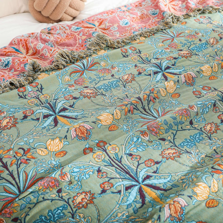 Reversible Cotton Throw Blanket | Jacquard Floral Weave with Decorative Tassels | Soft Woven Bed and Sofa Quilt