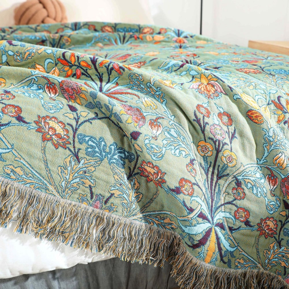 Reversible Cotton Throw Blanket | Jacquard Floral Weave with Decorative Tassels | Soft Woven Bed and Sofa Quilt
