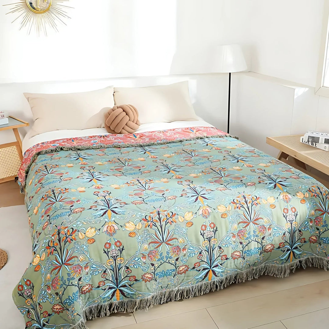 Reversible Cotton Throw Blanket | Jacquard Floral Weave with Decorative Tassels | Soft Woven Bed and Sofa Quilt