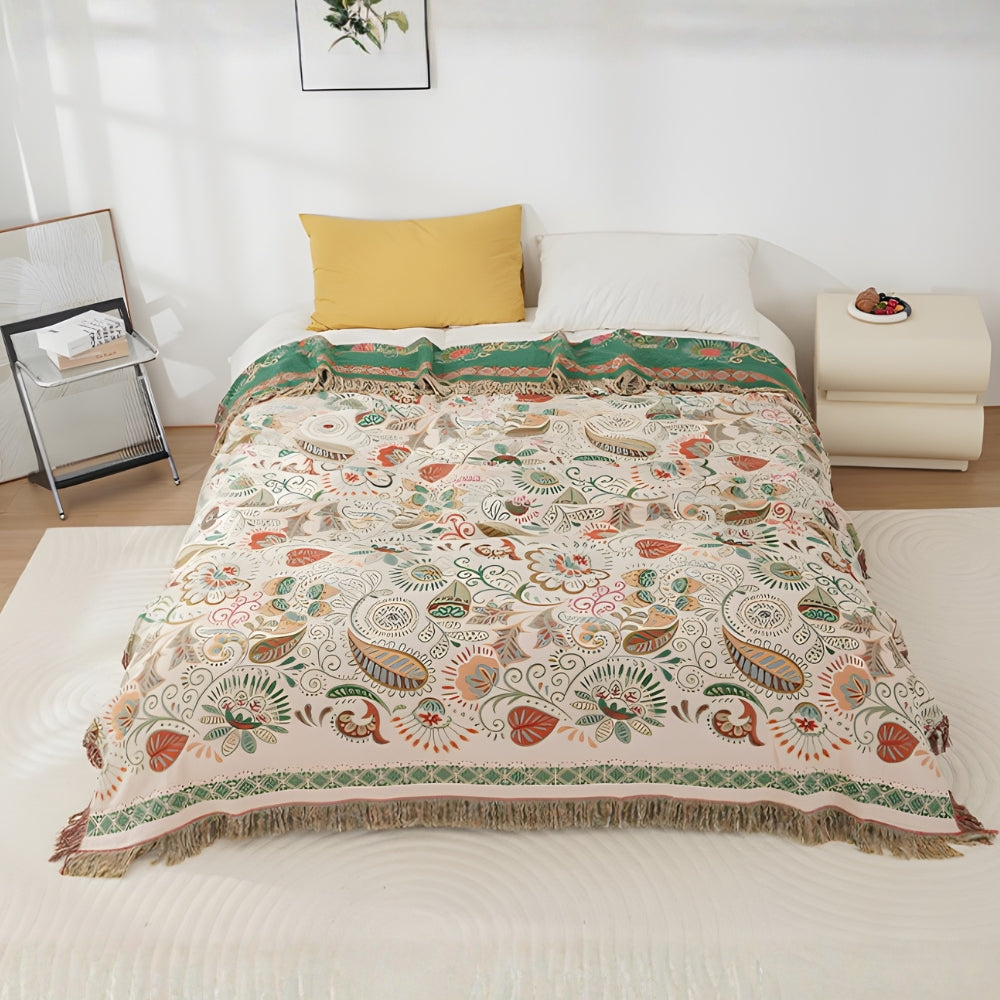 Reversible Throw Blanket 150x200cm &amp; 200x230cm | Autumn Leaf Pattern, Tasseled Edges | Two Looks, One Washable Blanket