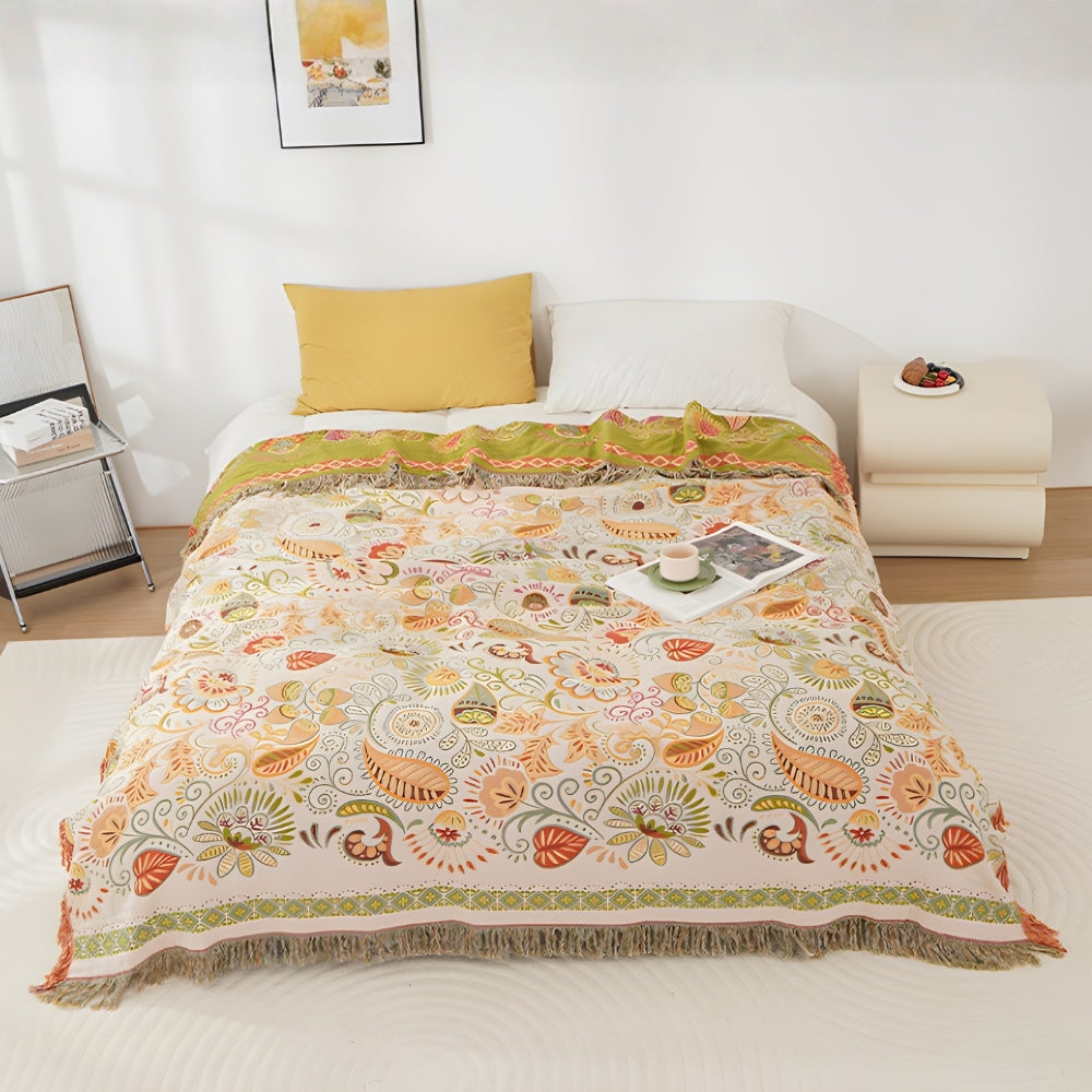 Reversible Throw Blanket 150x200cm & 200x230cm | Autumn Leaf Pattern, Tasseled Edges | Two Looks, One Washable Blanket