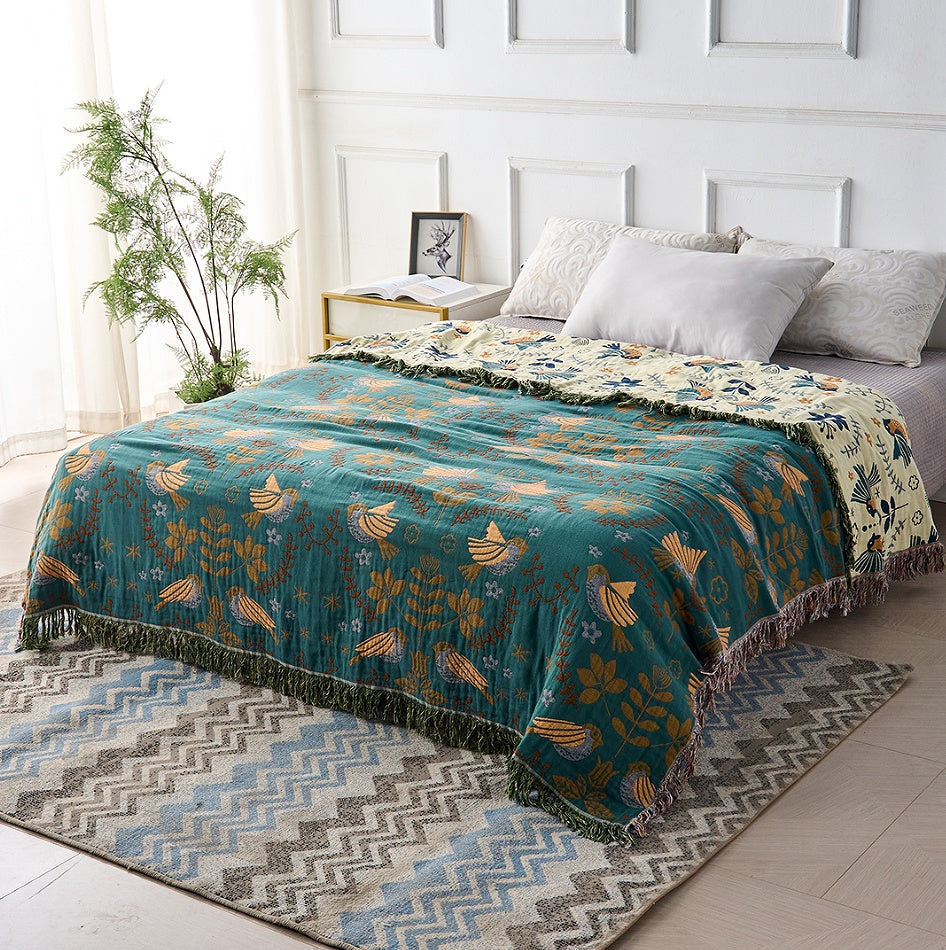 Reversible Throw Blanket, Fringed Edges | Teal & Cream Bird and Floral Pattern | Two Looks in One, 150x200 to 230x250cm