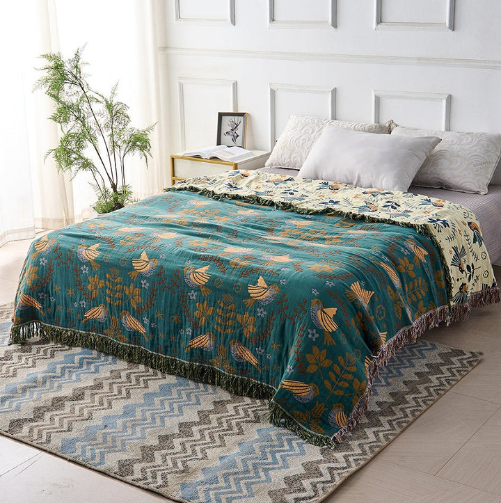 Reversible Throw Blanket, Fringed Edges | Teal &amp; Cream Bird and Floral Pattern | Two Looks in One, 150x200 to 230x250cm