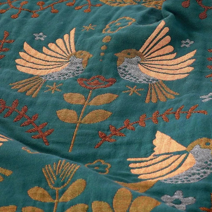 Reversible Throw Blanket, Fringed Edges | Teal &amp; Cream Bird and Floral Pattern | Two Looks in One, 150x200 to 230x250cm