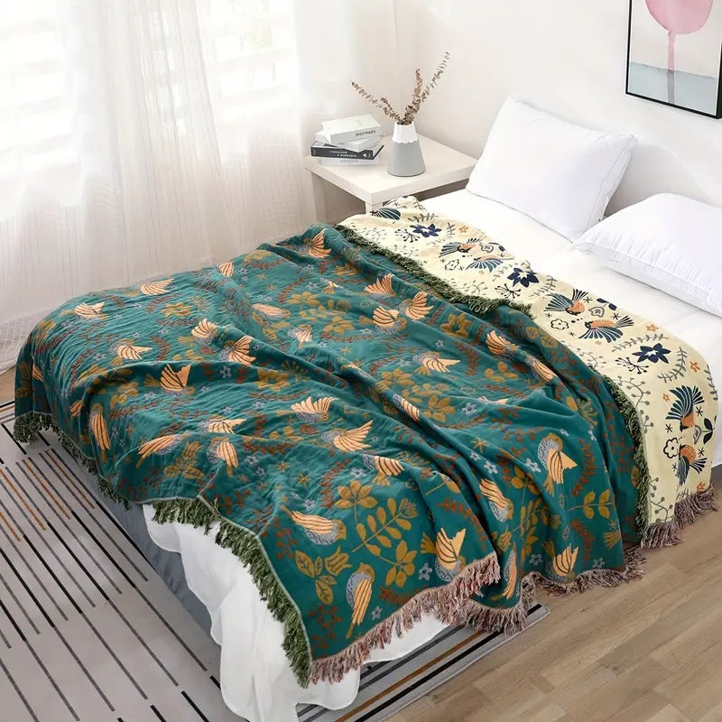 Reversible Throw Blanket, Fringed Edges | Teal &amp; Cream Bird and Floral Pattern | Two Looks in One, 150x200 to 230x250cm