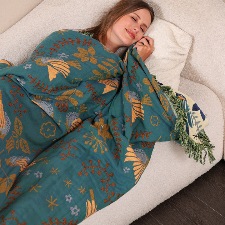 Reversible Throw Blanket, Fringed Edges | Teal &amp; Cream Bird and Floral Pattern | Two Looks in One, 150x200 to 230x250cm
