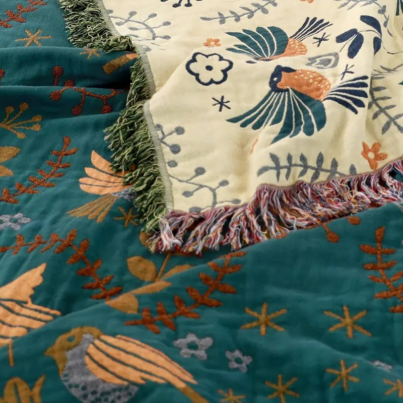 Reversible Throw Blanket, Fringed Edges | Teal &amp; Cream Bird and Floral Pattern | Two Looks in One, 150x200 to 230x250cm