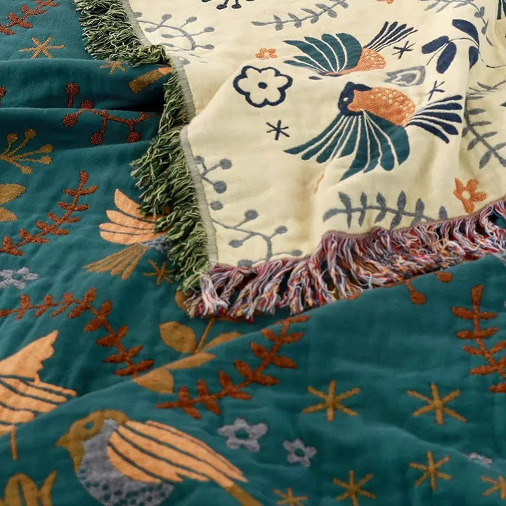 Reversible Throw Blanket, Fringed Edges | Teal &amp; Cream Bird and Floral Pattern | Two Looks in One, 150x200 to 230x250cm