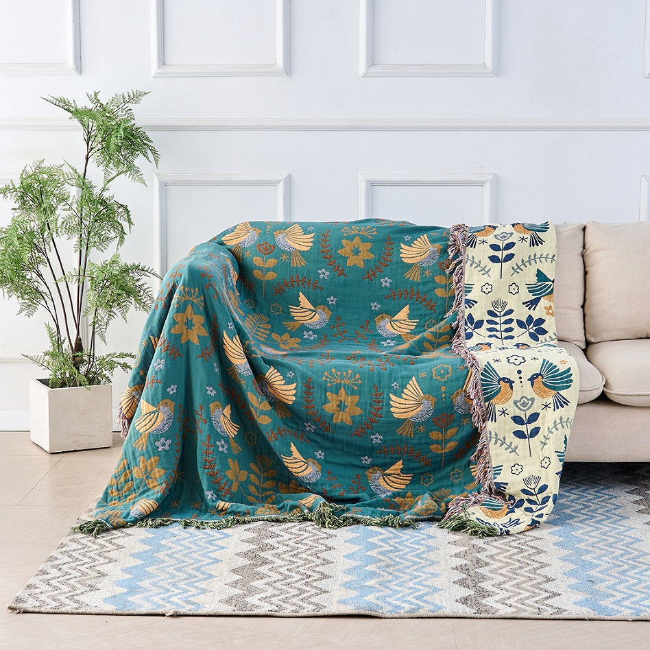 Reversible Throw Blanket, Fringed Edges | Teal &amp; Cream Bird and Floral Pattern | Two Looks in One, 150x200 to 230x250cm
