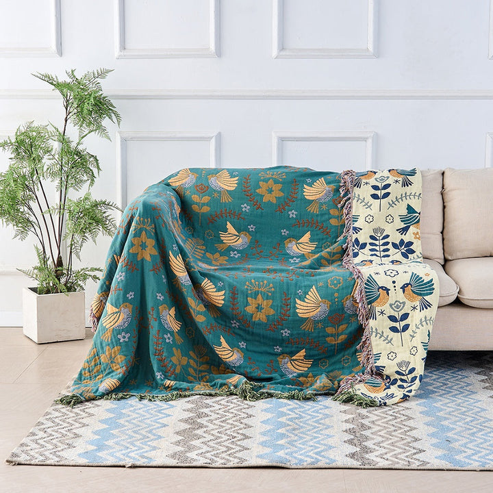 Reversible Throw Blanket, Fringed Edges | Teal &amp; Cream Bird and Floral Pattern | Two Looks in One, 150x200 to 230x250cm