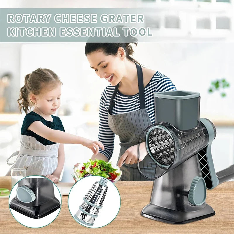 Rotary Grater Stainless Steel Drums | Fine, Coarse & Slicer Attachments | Suction Cup Base for One-Handed Operation