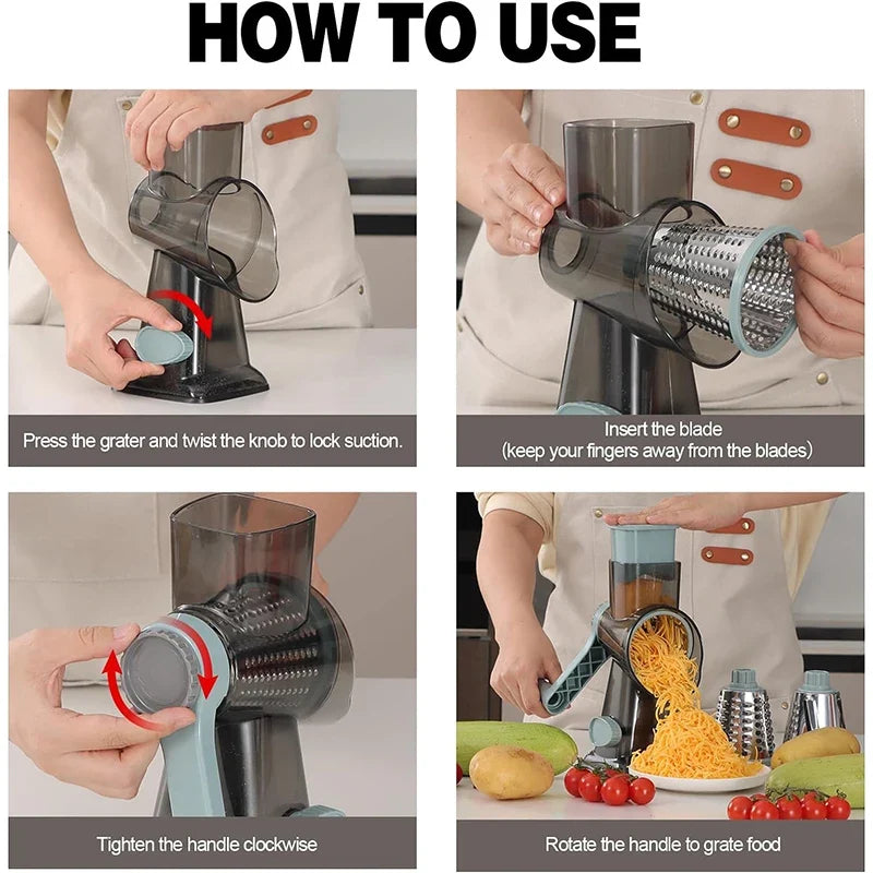Rotary Grater Stainless Steel Drums | Fine, Coarse &amp; Slicer Attachments | Suction Cup Base for One-Handed Operation