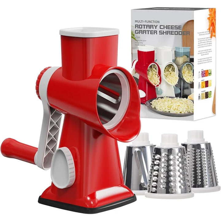 Rotary Grater Stainless Steel Drums | Fine, Coarse &amp; Slicer Attachments | Suction Cup Base for One-Handed Operation