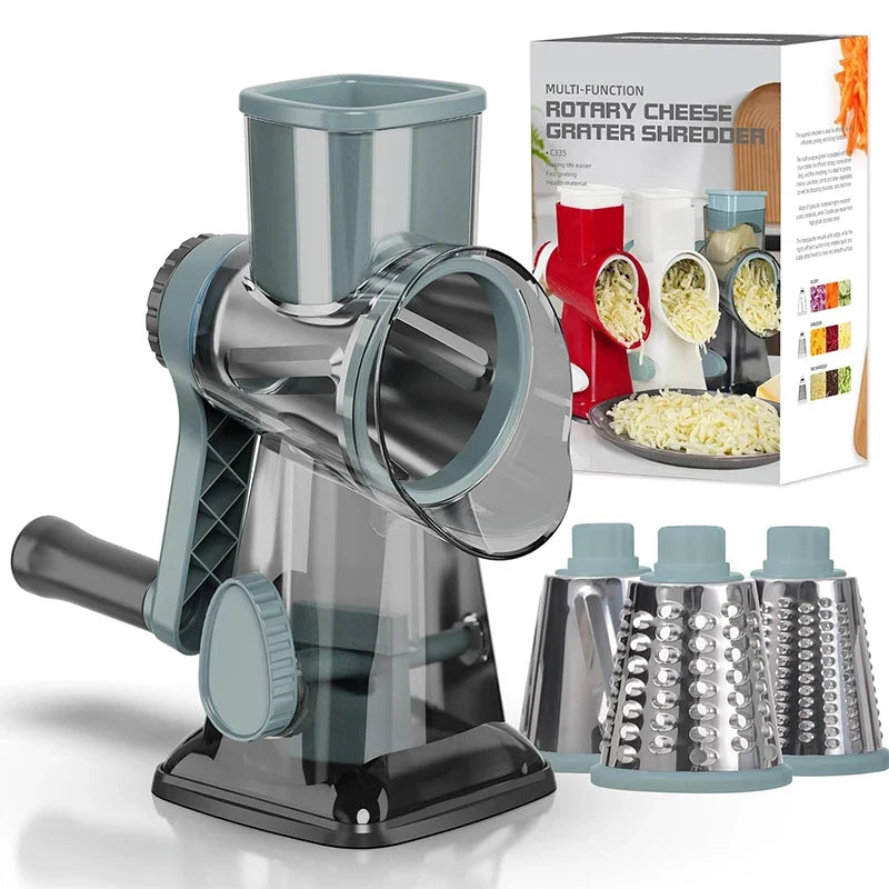 Rotary Grater Stainless Steel Drums | Fine, Coarse & Slicer Attachments | Suction Cup Base for One-Handed Operation