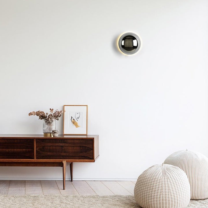 Round Metal Wall Lamp | LED Halo Backlight Effect | Modern Sculptural Design for Hallways, Bedrooms &amp; Living Rooms
