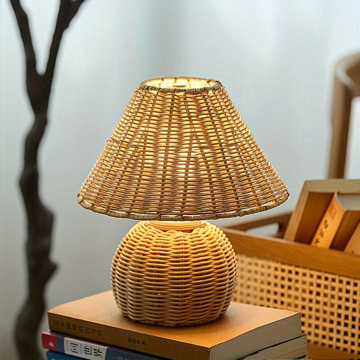 Round Woven Bamboo Accent Lamp USB Powered Push Button