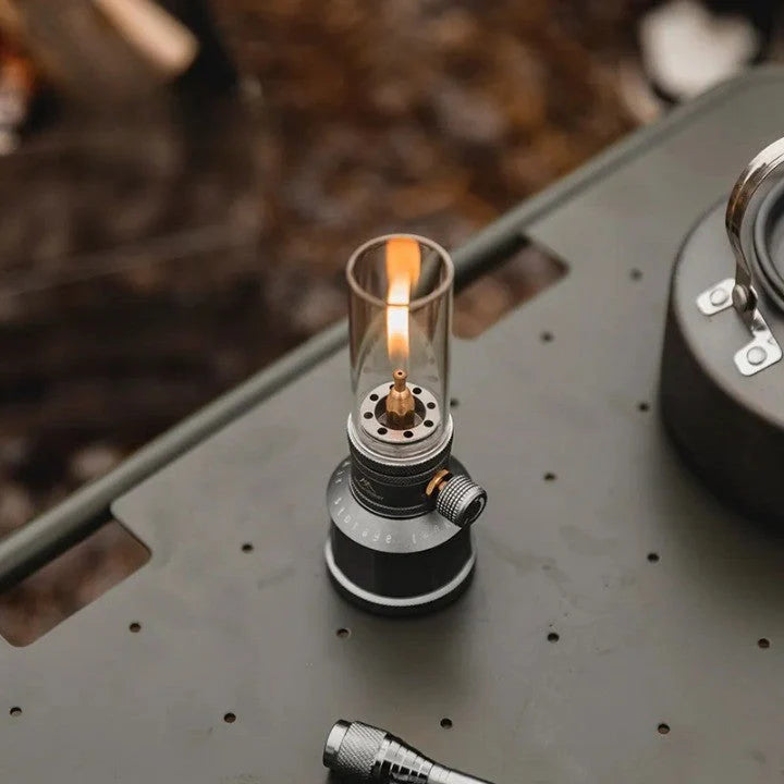 Camping Lamp | Butane Gas Candle Lantern with Glass Chimney and Adjustable Flame