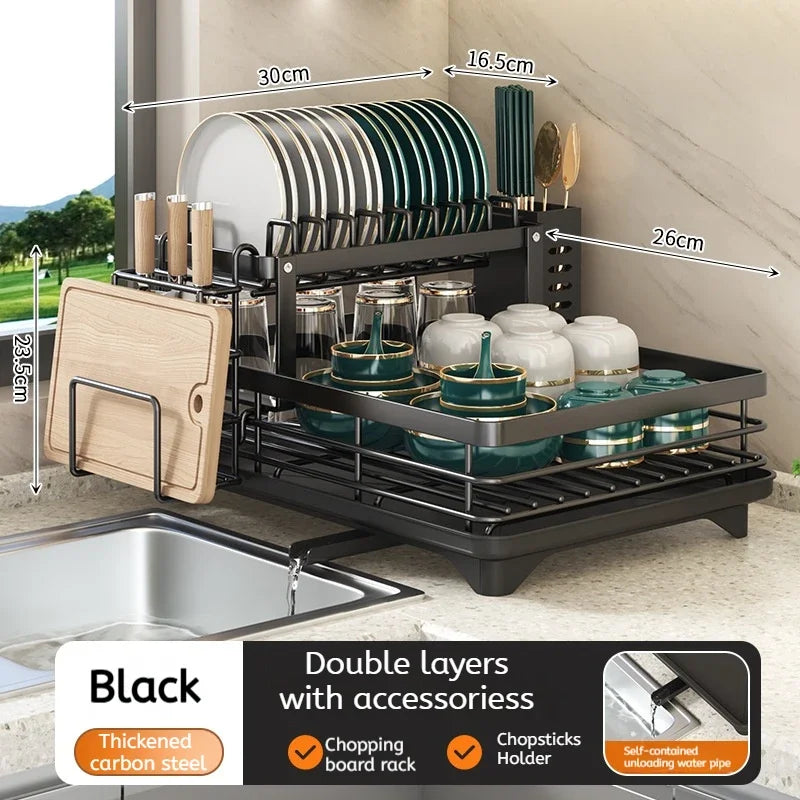 Two-Tier Dish Rack Carbon Steel 46.5 x 26 x 23.5 cm | Black or White | Integrated Drain Pipe, Cutlery Holder, No Assembly 7