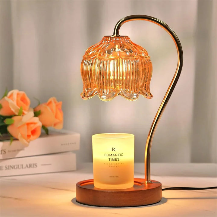Candle Warmer Lamp Glass &amp; Wood | Flameless Melting with Dimmer Control | Retro Petal Glass Shade &amp; Solid Wood Base Design 3