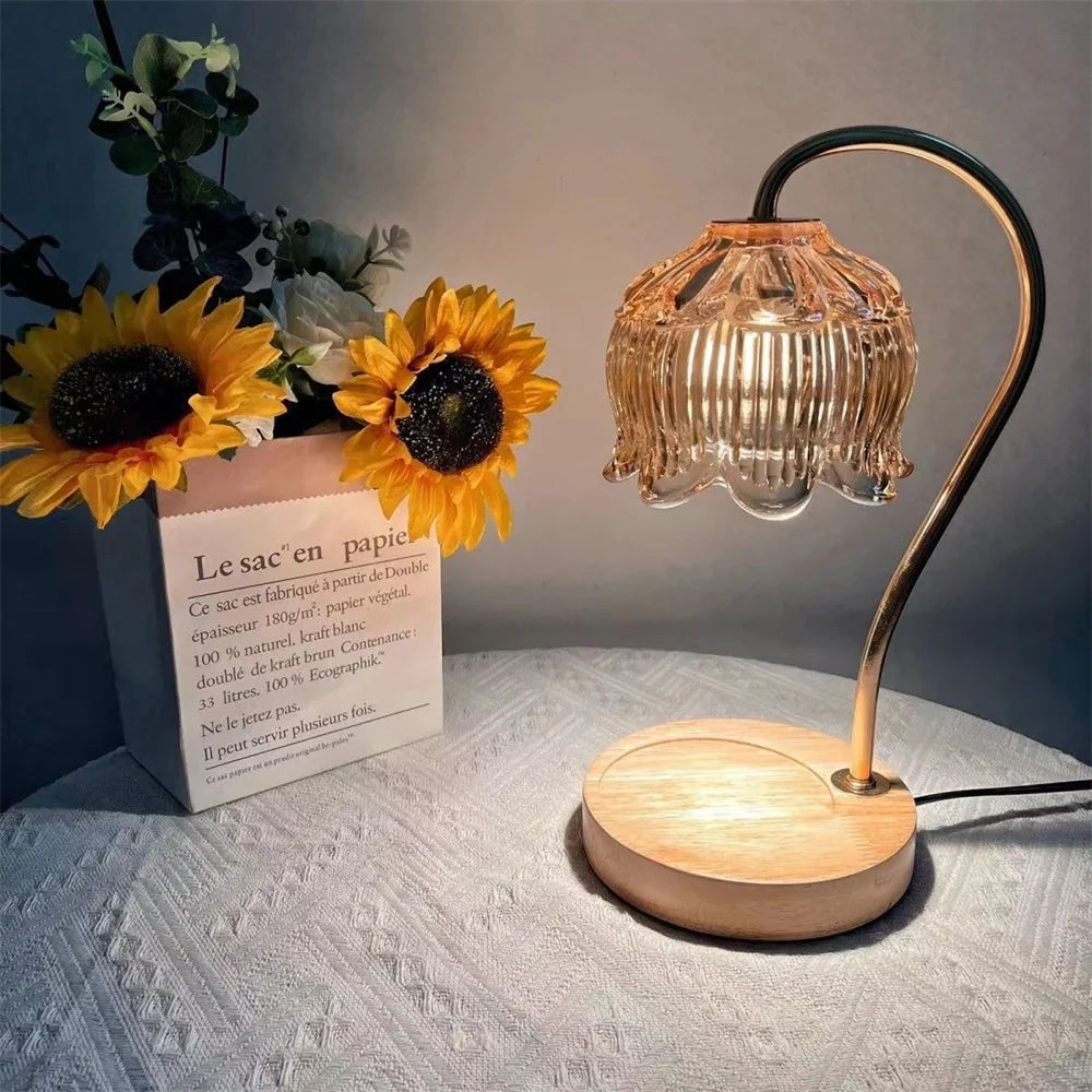 Candle Warmer Lamp Glass &amp; Wood | Flameless Melting with Dimmer Control | Retro Petal Glass Shade &amp; Solid Wood Base Design 4