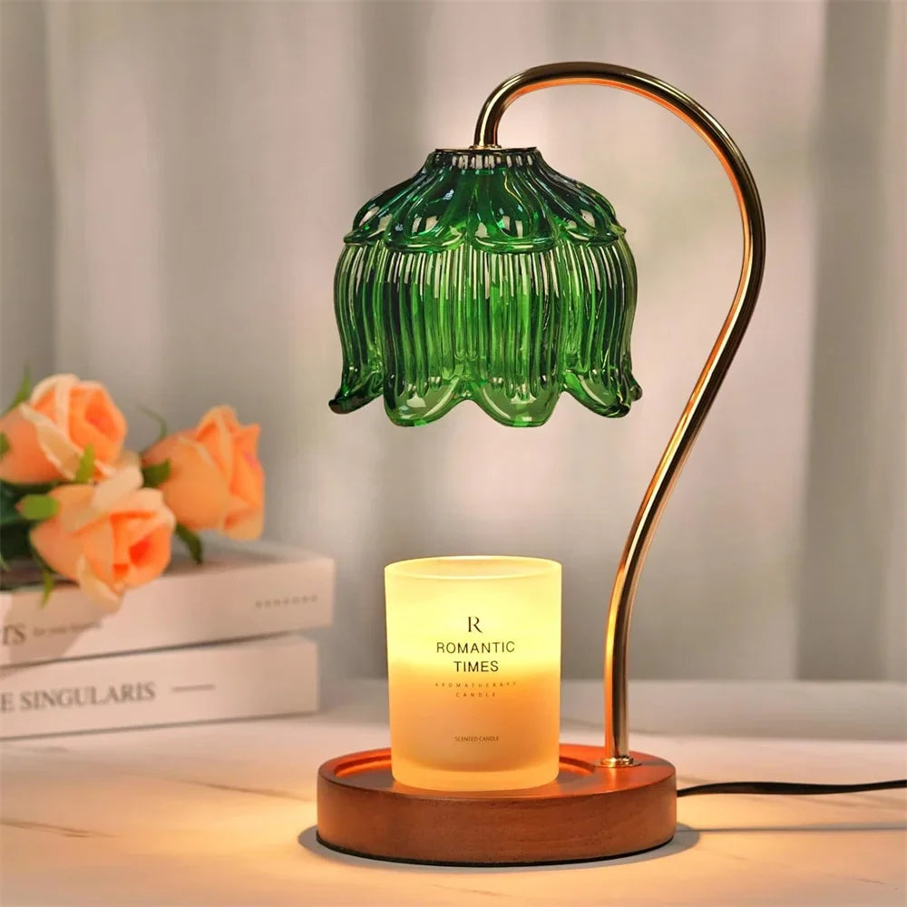 Candle Warmer Lamp Glass & Wood | Flameless Melting with Dimmer Control | Retro Petal Glass Shade & Solid Wood Base Design 2