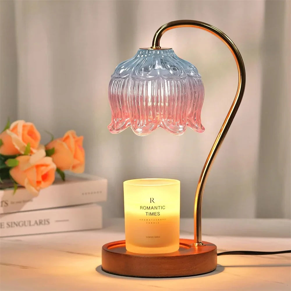 Candle Warmer Lamp Glass &amp; Wood | Flameless Melting with Dimmer Control | Retro Petal Glass Shade &amp; Solid Wood Base Design 1