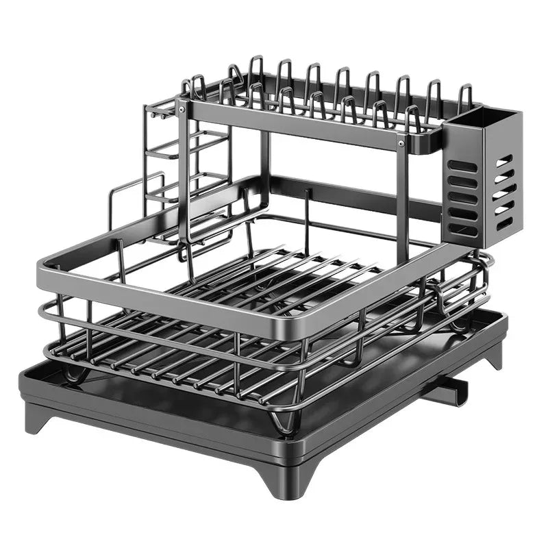 Two-Tier Dish Rack Carbon Steel 46.5 x 26 x 23.5 cm | Black or White | Integrated Drain Pipe, Cutlery Holder, No Assembly 1