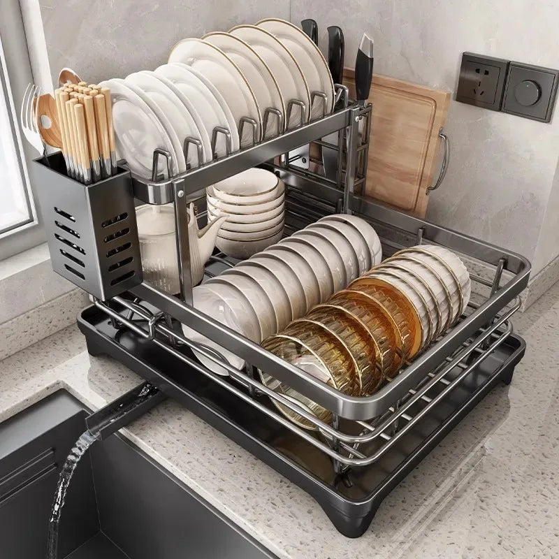 Two-Tier Dish Rack Carbon Steel 46.5 x 26 x 23.5 cm | Black or White | Integrated Drain Pipe, Cutlery Holder, No Assembly 2