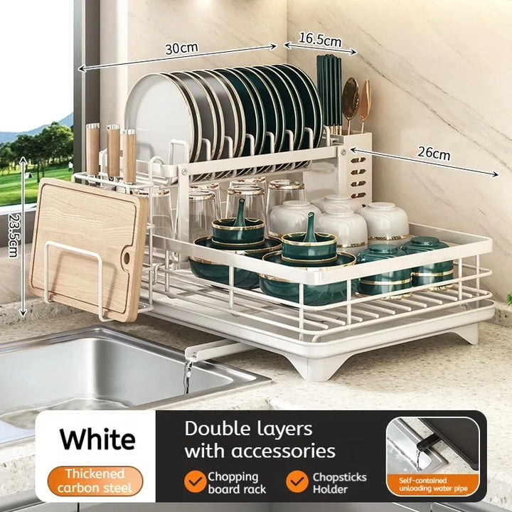 Two-Tier Dish Rack Carbon Steel 46.5 x 26 x 23.5 cm | Black or White | Integrated Drain Pipe, Cutlery Holder, No Assembly 6