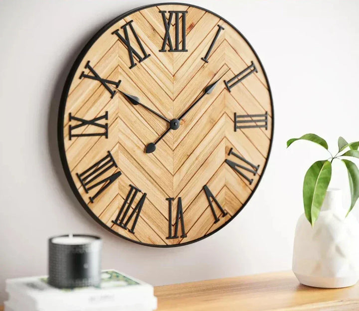 Roman Numeral Wall Clock Rustic Analog Metal Wood with Quiet Movement 2