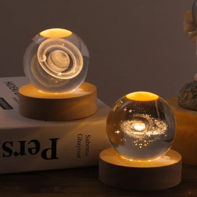 Crystal Ball Night Light | Engraved Moon, Round Lit Base