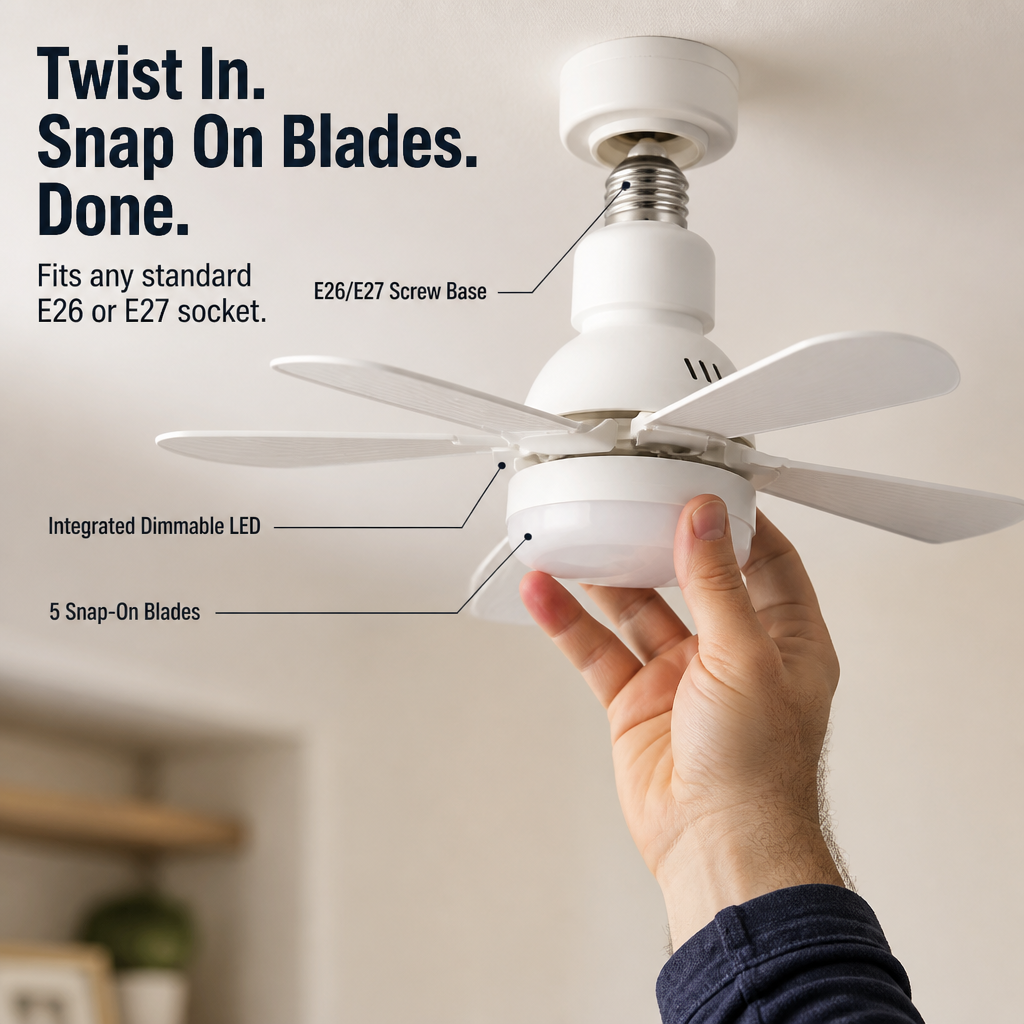 Screw-In Ceiling Fan Light | 3 Fan Speeds, 3 LED Colour Temps | Fits Standard E26/E27 Socket, No Wiring Required